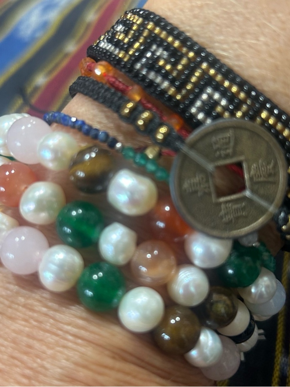 SALE Beaded Bracelets Stack of 3, Jade, Rose Quartz, Goldstone, Tigereye, Pearl